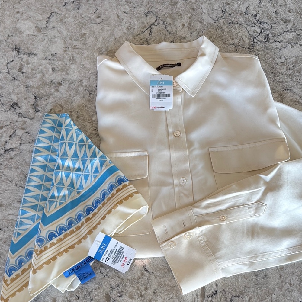 Two for one! NWT J. McLaughlin sz L Cream Shirt with NWT Blue and tan Scarf